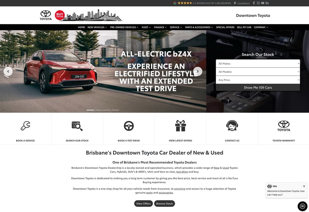 A screen shot of the Downtown Toyota Website