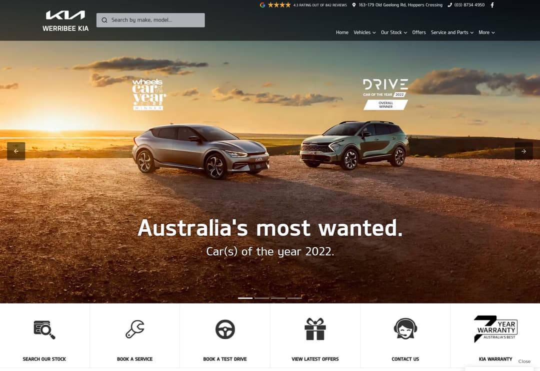 A screen shot of the Werribee Kia website