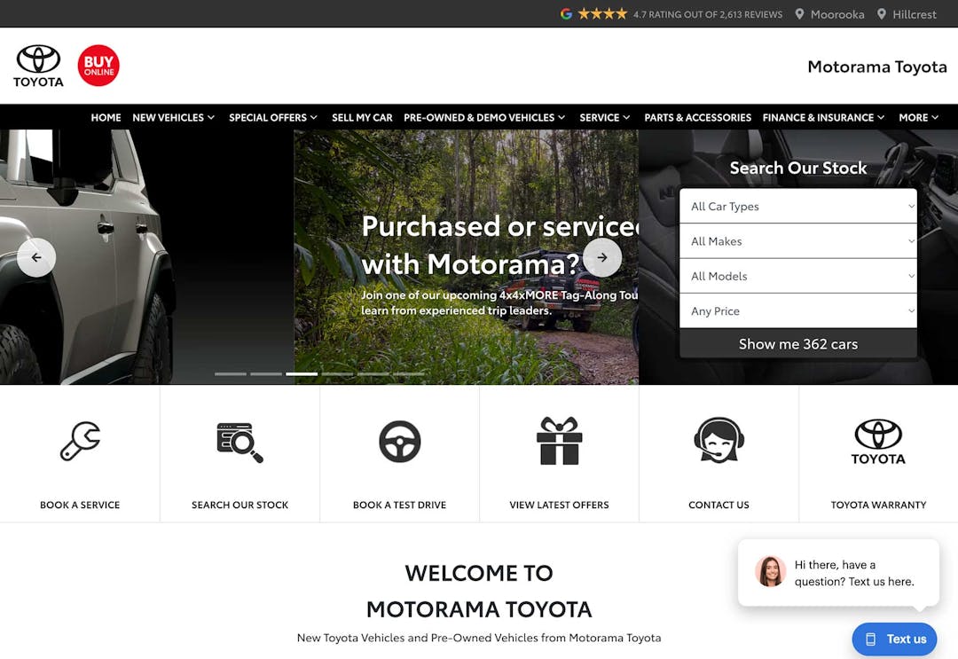 A screen shot of the Motorama Toyota Website