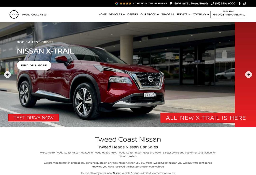 A screen shot of the Tweed Coast Nissan website